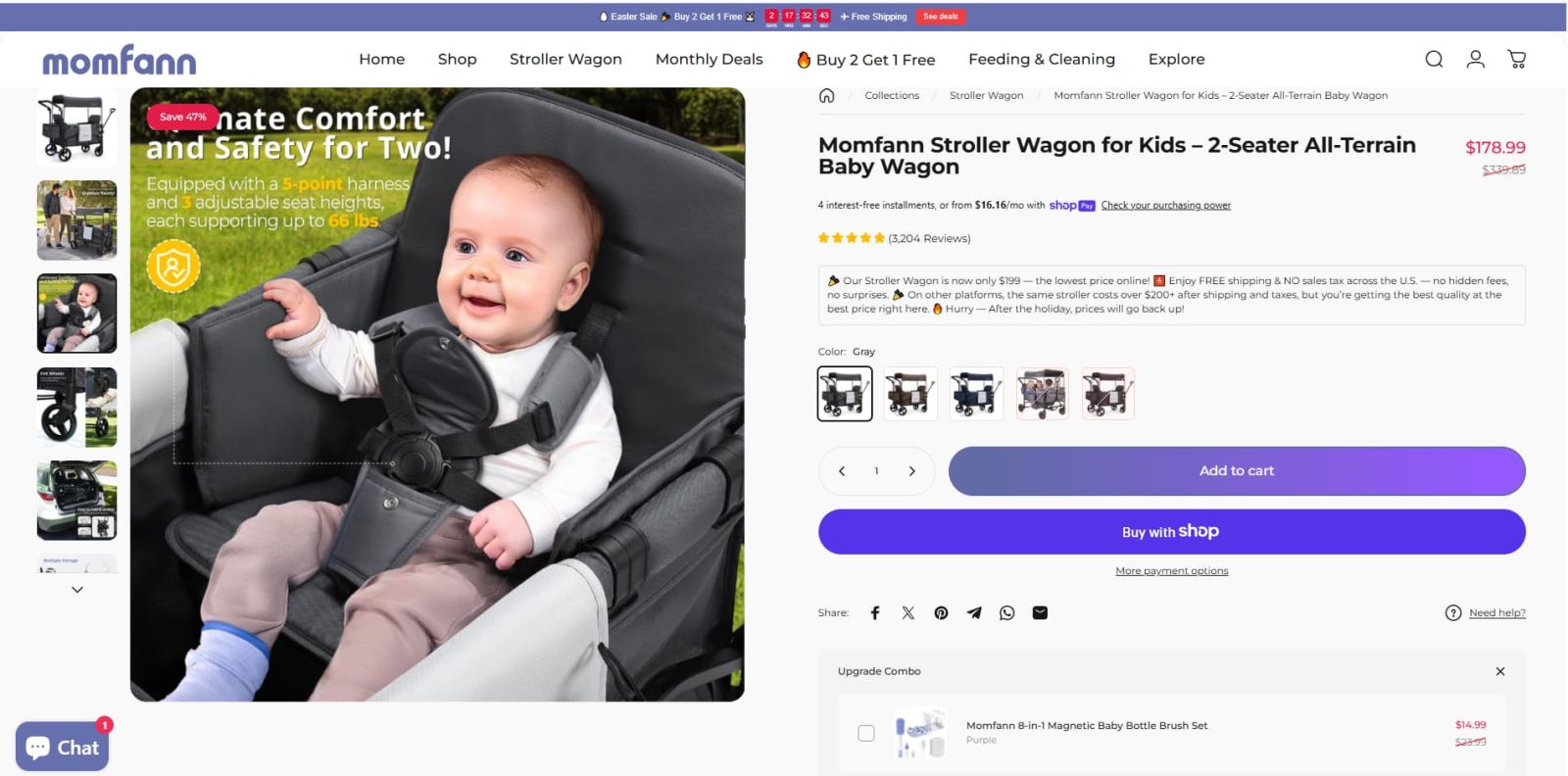 Product page view of the Momfann 2-Seater All-Terrain Baby Wagon, showing a child seated inside the stroller wagon with a five-point harness, alongside pricing, reviews, and key stroller wagon details.