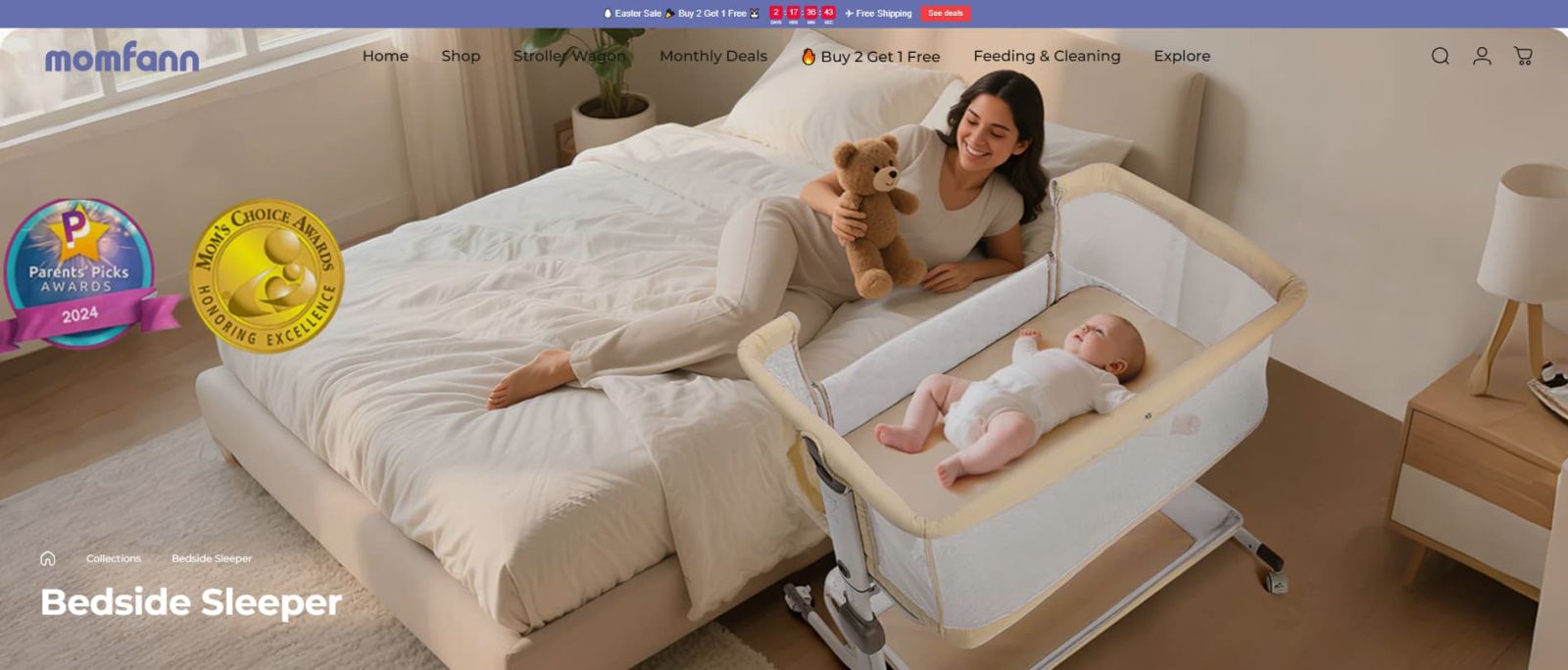 A mother relaxes beside her baby in a Momfann bedside sleeper attached next to the bed, illustrating a sleep setup focused on nighttime closeness, comfort, and calming routines.