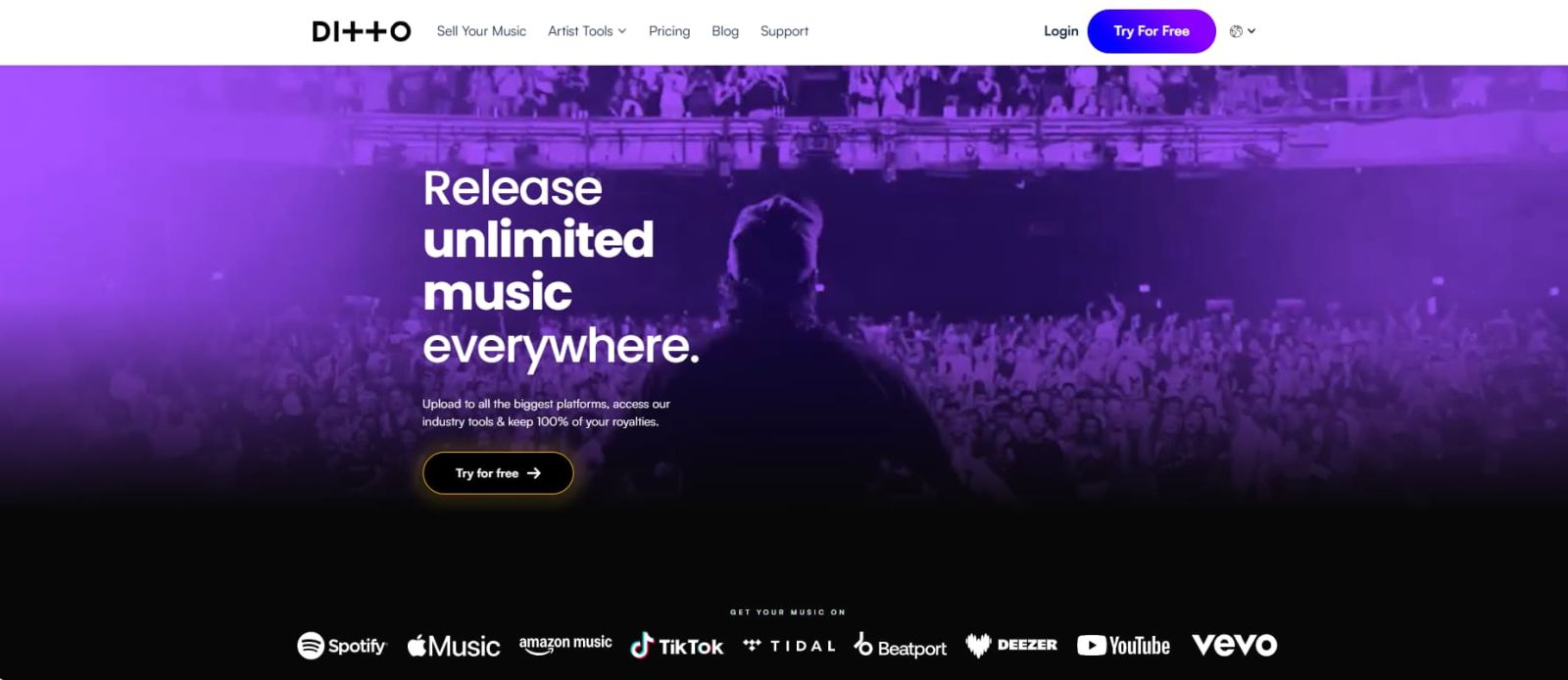 Ditto Music homepage showing unlimited music distribution, major platform reach, and 100 percent royalty retention for independent artists