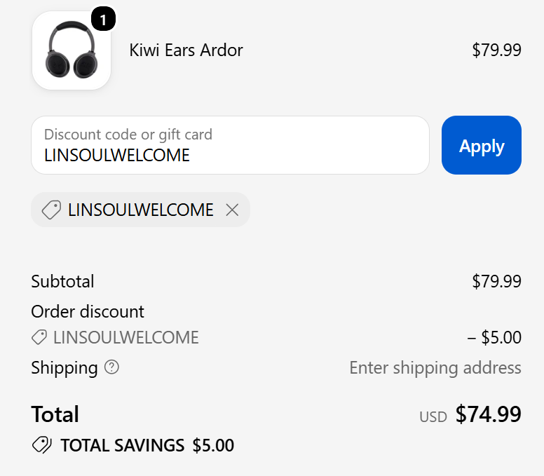 code LINSOULWELCOME -$5 Kiwi Ears Ardor