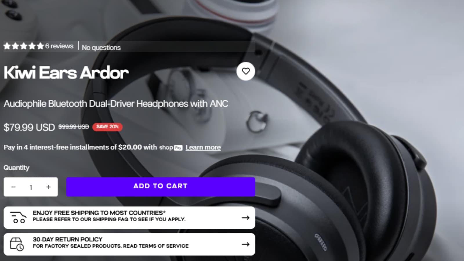Linsoul Audio Kiwi Ears Ardor Bluetooth ANC headphone deal showing Save $20 from $99.99 to $79.99