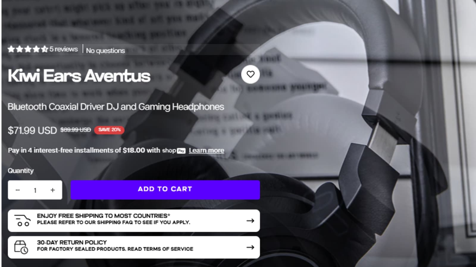 Linsoul Audio Kiwi Ears Aventus Bluetooth headphone deal showing Save $18 from $89.99 to $71.99