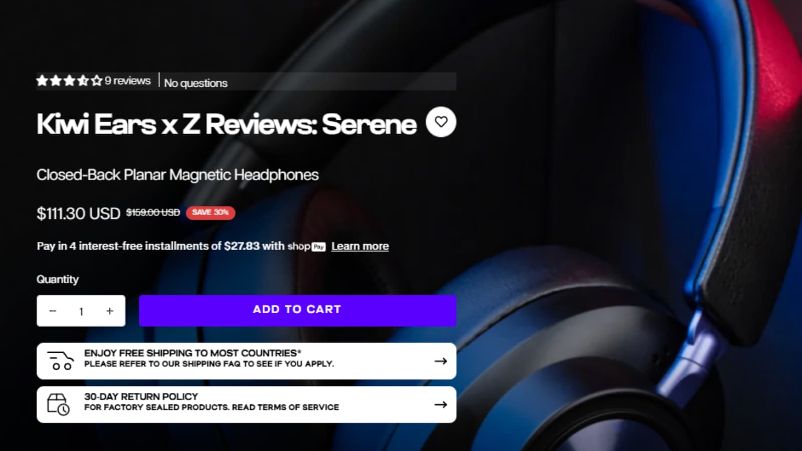 Linsoul Audio Kiwi Ears x Z Reviews Serene headphone deal showing Save $47.70 from $159.00 to $111.30