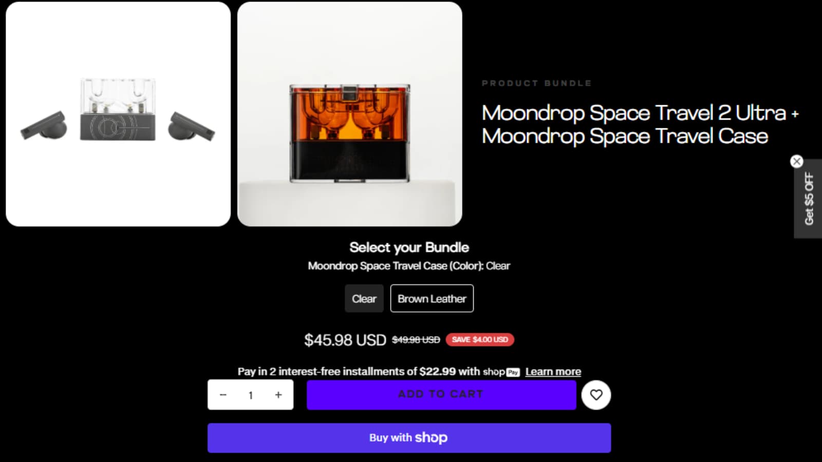 Linsoul Audio Moondrop Space Travel 2 Ultra and Space Travel Case bundle showing Save $4 from $49.98 to $45.98