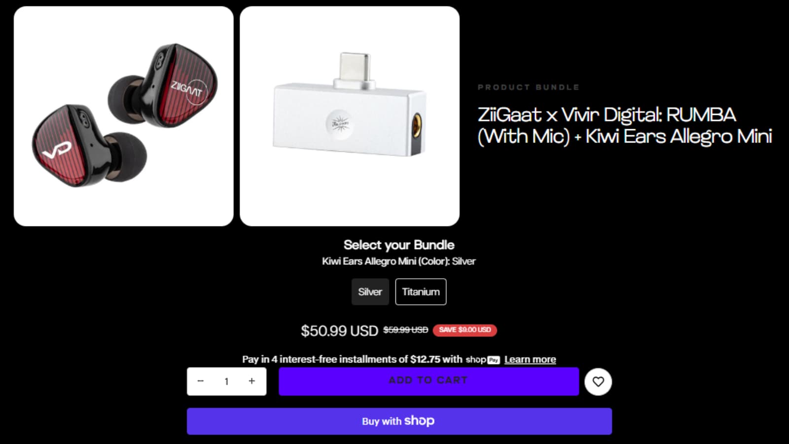 Linsoul Audio ZiiGaat x Vivir Digital RUMBA With Mic and Kiwi Ears Allegro Mini bundle showing Save $9 from $59.99 to $50.99