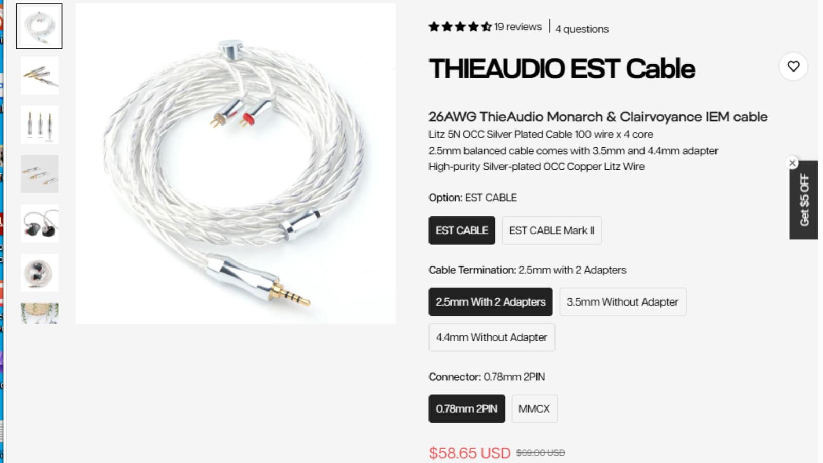 Linsoul Audio THIEAUDIO EST Cable IEM cable deal showing Save $10.35 from $69.00 to $58.65