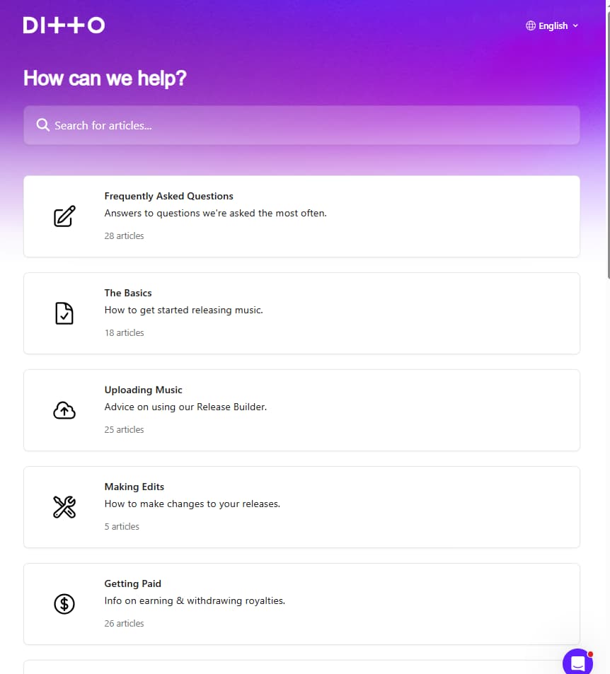 Ditto Music support hub showing searchable help categories for new artists, including FAQs, The Basics, Uploading Music, Making Edits, and Getting Paid