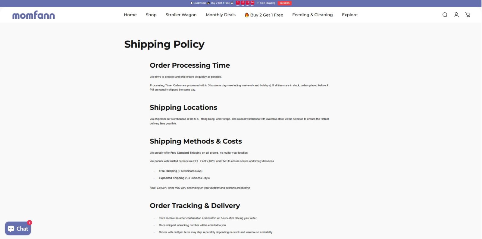 Shipping Policy page on the Momfann website showing order processing time, shipping locations, shipping methods and costs, and order tracking information for shoppers reviewing support details before buying.
