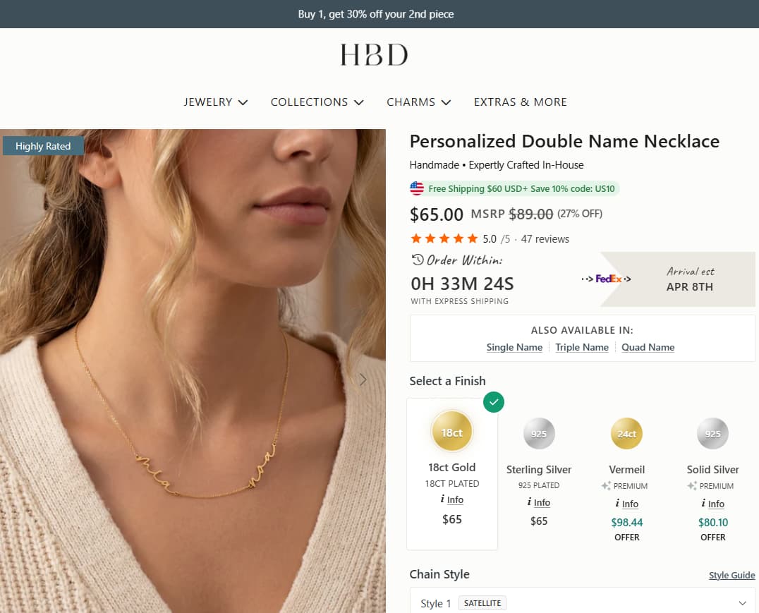 HBD Personalized Double Name Necklace product page showing current price, reviews, finish options, and a relationship-led two-name personalised route