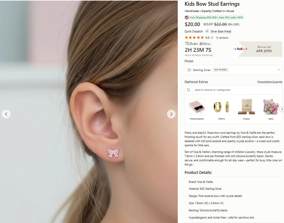 HBD Kids Bow Stud Earrings product page showing a child wearing pink bow stud earrings