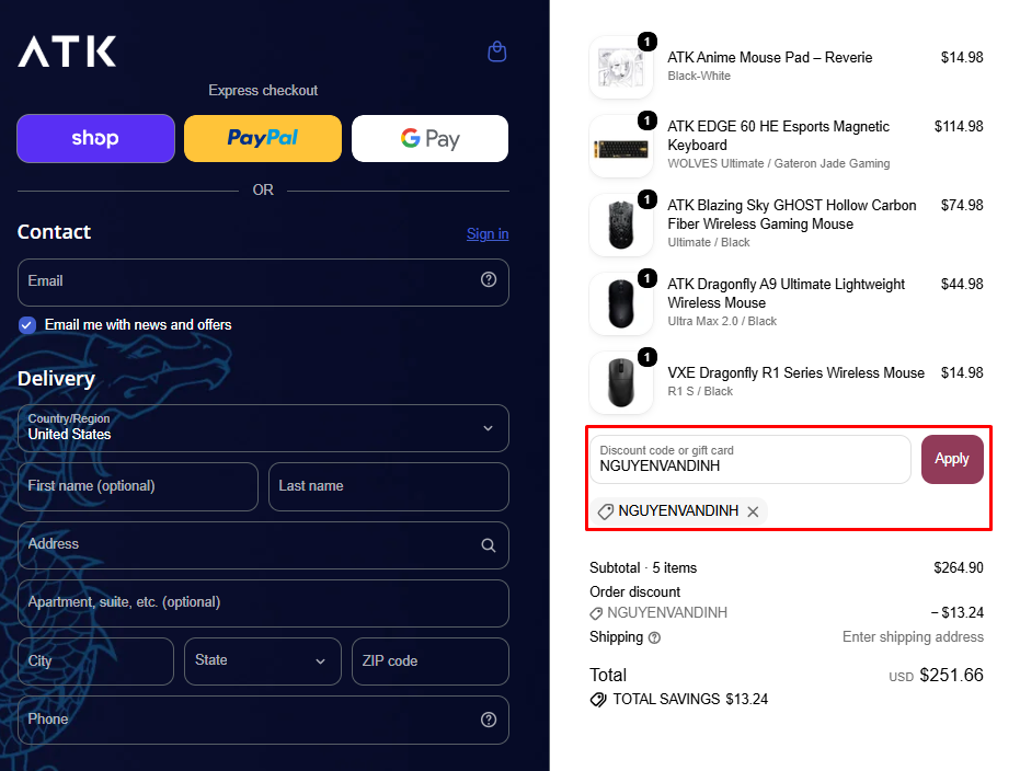 ATK checkout showing coupon code NGUYENVANDINH applied for $13.24 off a $264.90 order