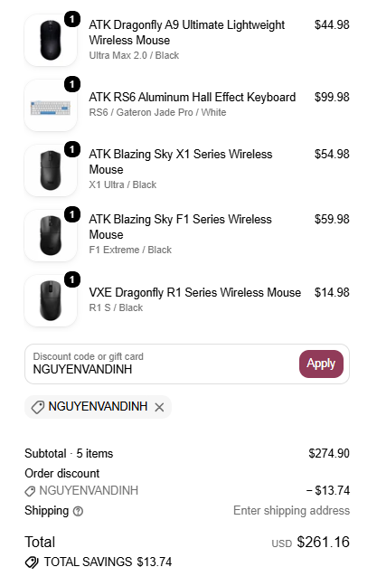 ATK checkout showing coupon code NGUYENVANDINH applied for $13.24 off a $264.90 order