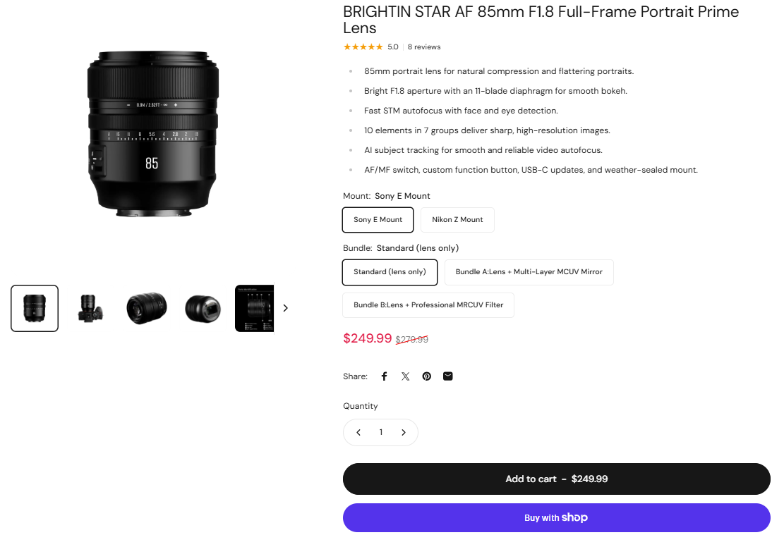 Brightin Star AF 85mm F1_8 Full-Frame Portrait Lens