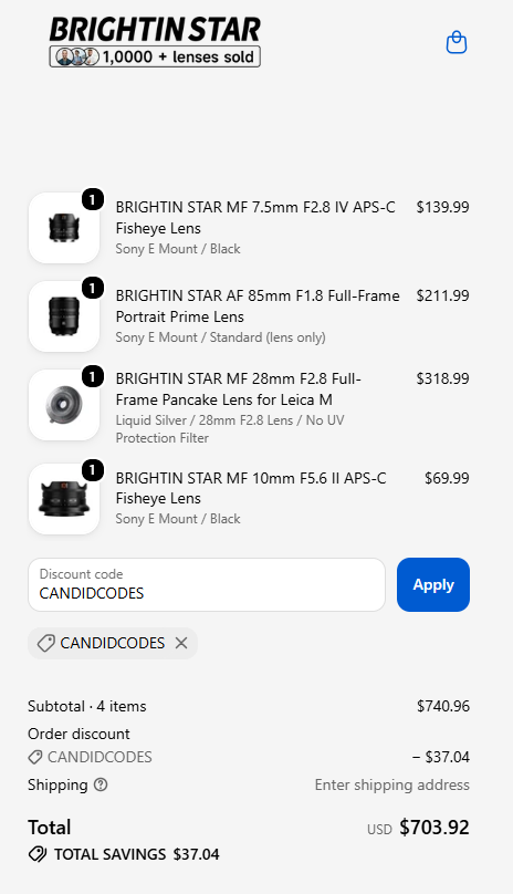 CANDIDCODES code gives 5% off four Brightin Star sale lenses at checkout