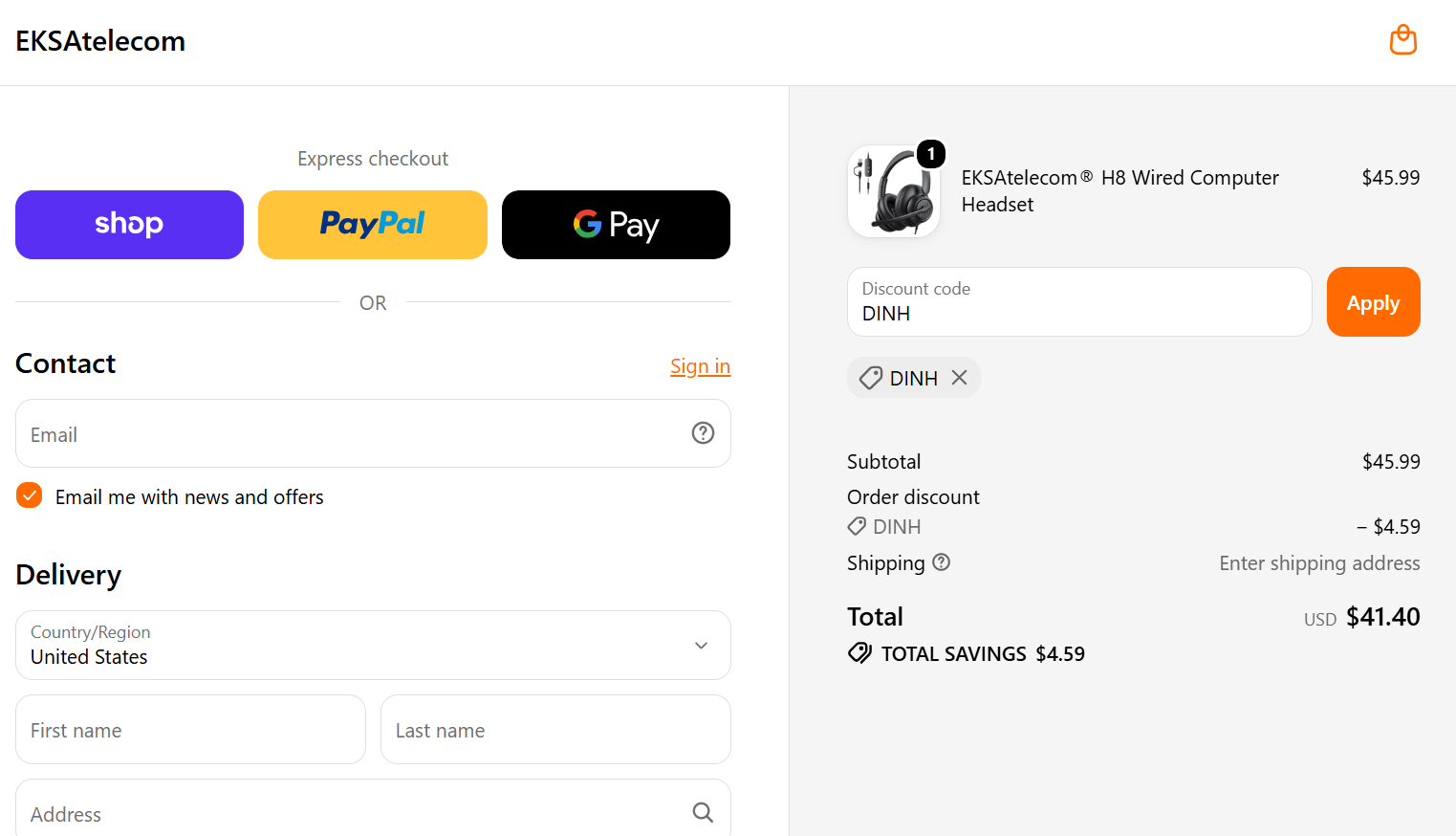 EKSA Telecom discount code DINH 10% off checkout proof