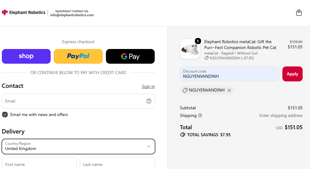 Elephant Robotics discount code NGUYENVANDINH 5% off checkout proof