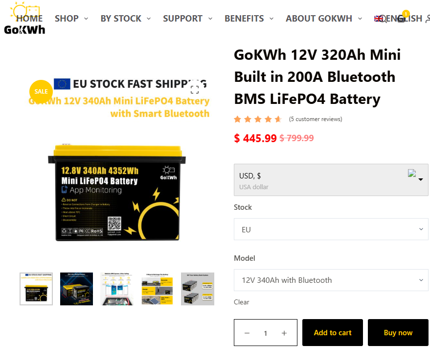 GoKWh 12V 320Ah Mini Built in 200A Bluetooth BMS LiFePO4 Battery