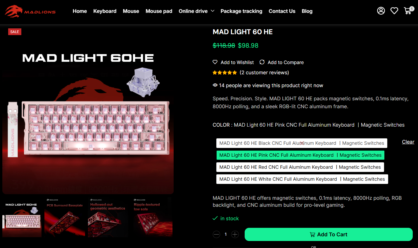 MAD LIGHT 60 HE product page showing the sale price, magnetic switch options and Add To Cart button