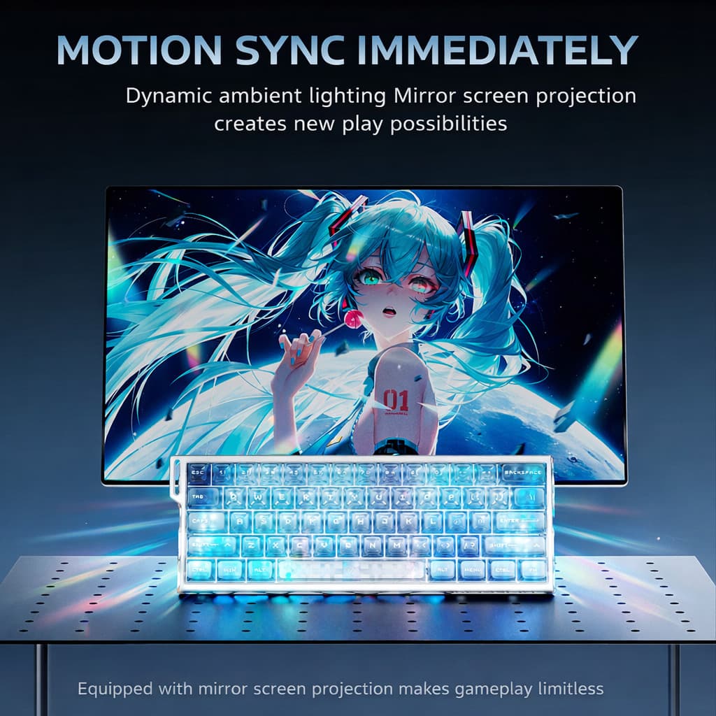 MAD Light 60 Quattro keyboard displaying synchronized ambient lighting through mirror screen projection