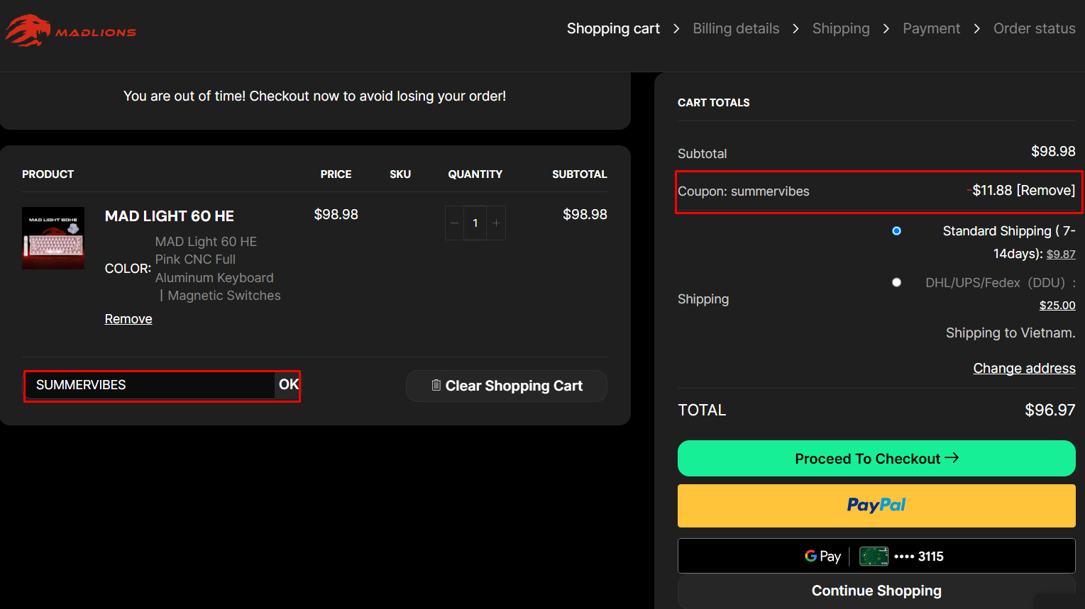 SUMMERVIBES coupon applied to the MAD LIGHT 60 HE with a $11.88 discount shown in the MADLIONS cart
