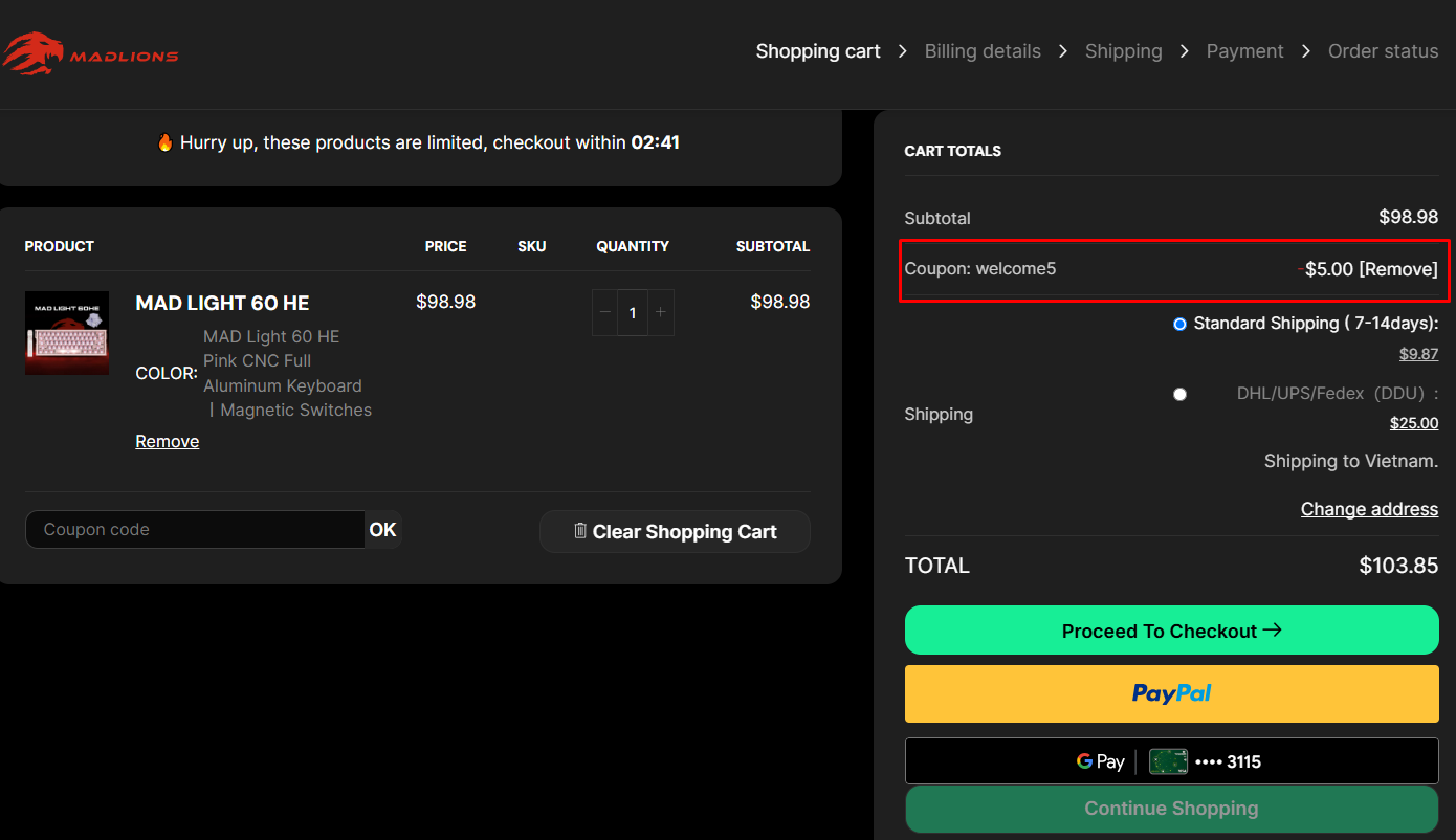 WELCOME5 coupon applying a $5 discount to a qualifying MADLIONS order over $75