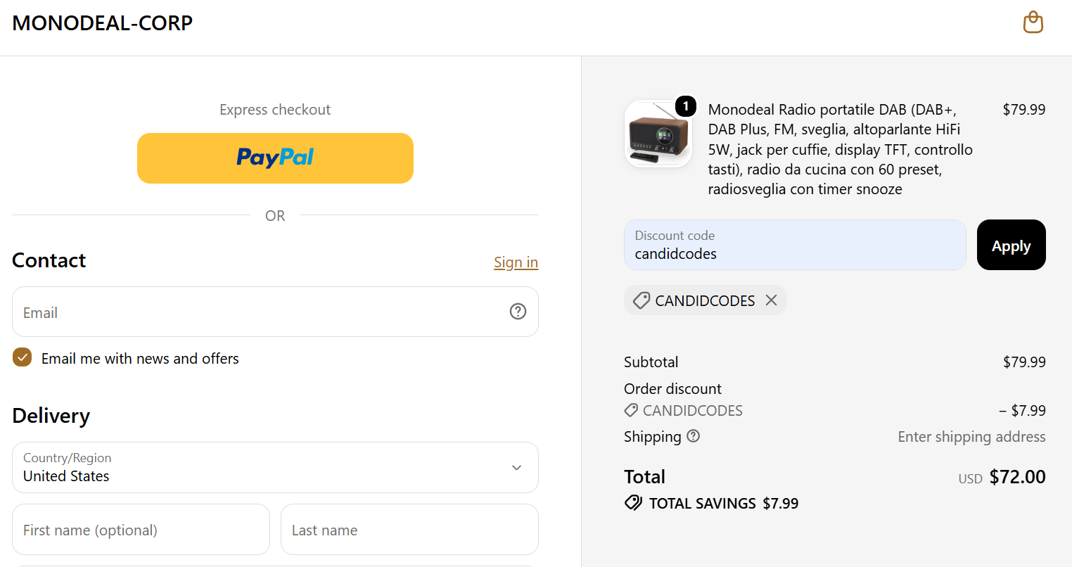 Monodeal discount code CANDIDCODES 10% off checkout proof