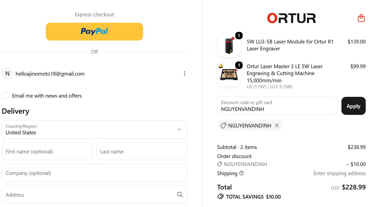 Ortur discount code NGUYENVANDINH $10 off checkout proof