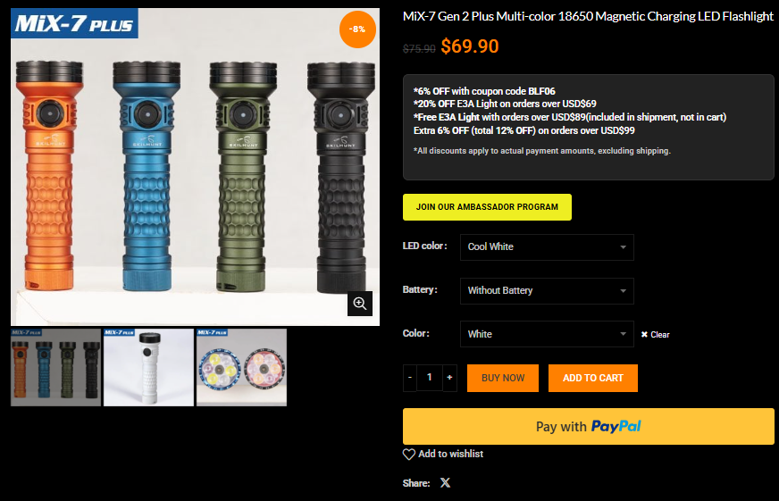 MiX-7 Gen 2 Plus Multi-color 18650 Magnetic Charging LED Flashlight