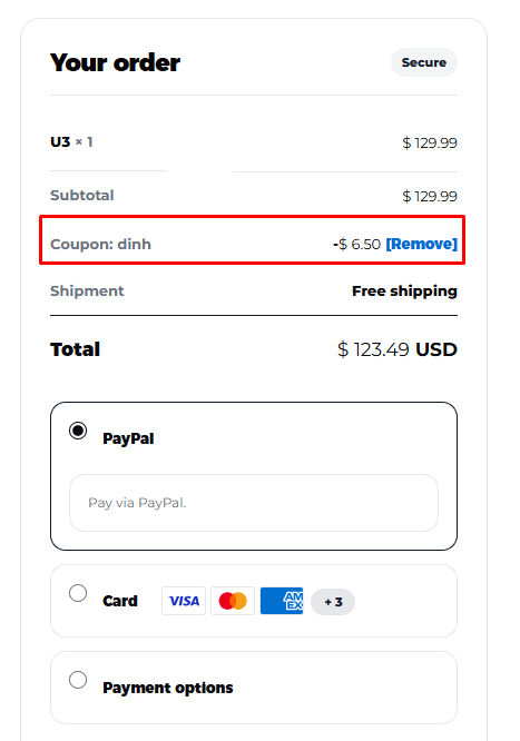 SofaBaton checkout showing DINH code saving $6.50 on U3