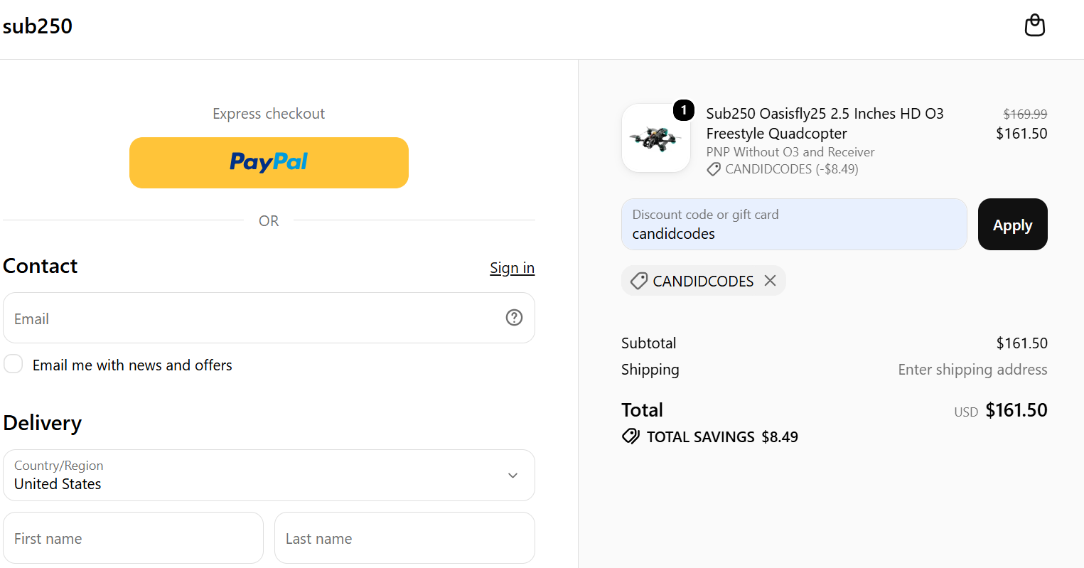 SUB250 discount code CANDIDCODES 5% off checkout proof