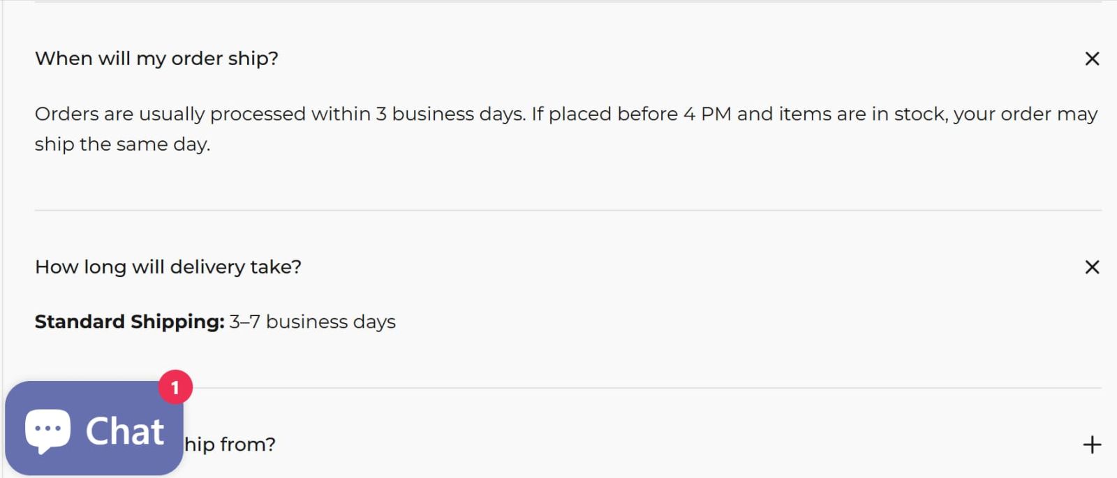 Momfann FAQ showing order processing within 3 business days and standard shipping in 3–7 business days