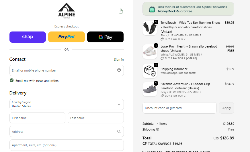 Alpine Footwear Buy 3 Pay for 2 checkout proof