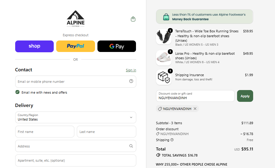 NGUYENVANDINH 15 percent off Alpine Footwear checkout proof