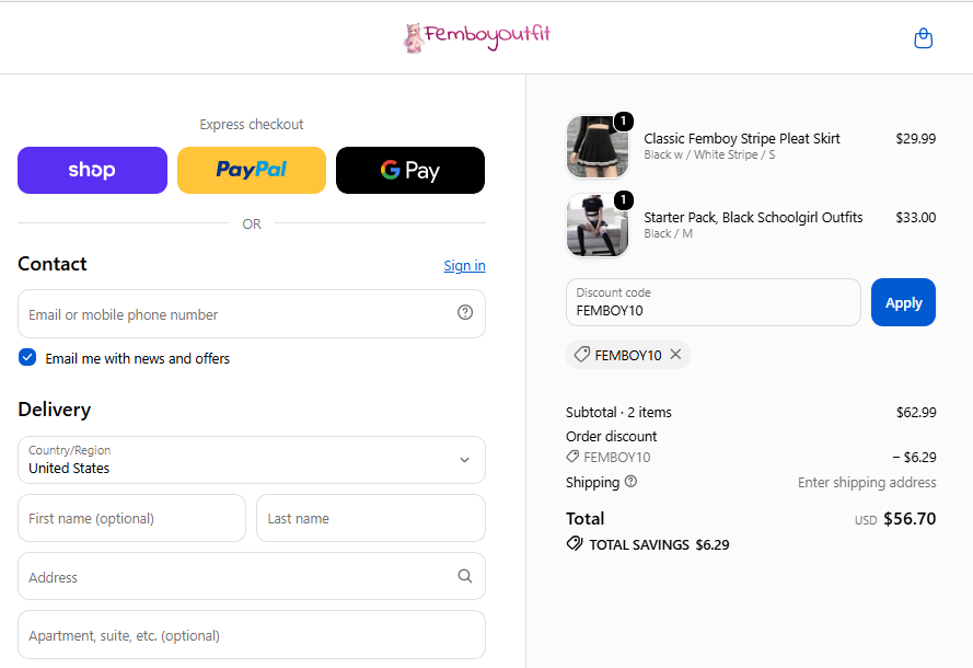 FEMBOY10 checkout proof showing a $6.29 discount on a two-item Femboyoutfit cart