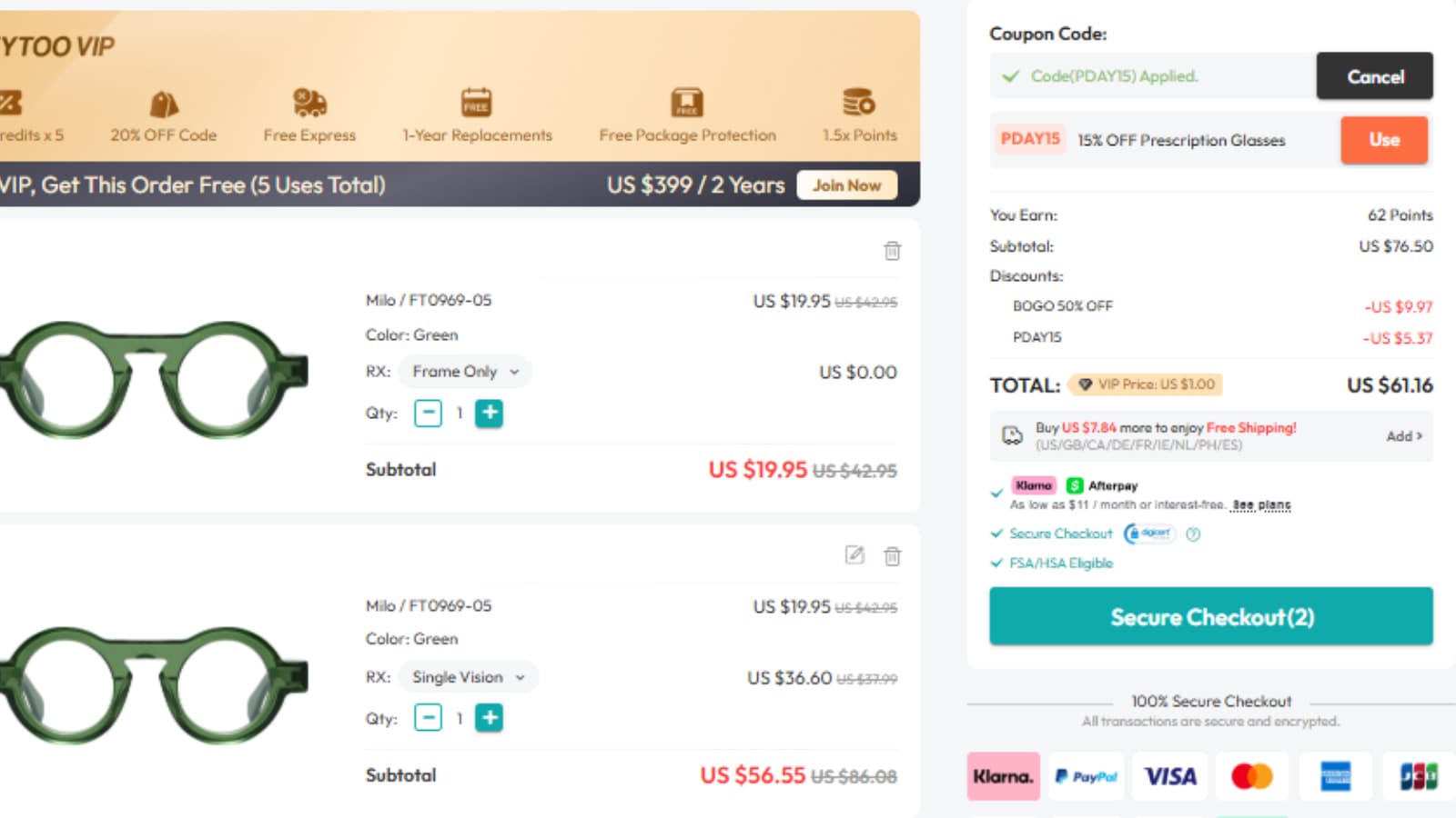 Fytoo Buy 1 Get Other Frames 50% Off checkout screenshot with BOGO 50% discount line
