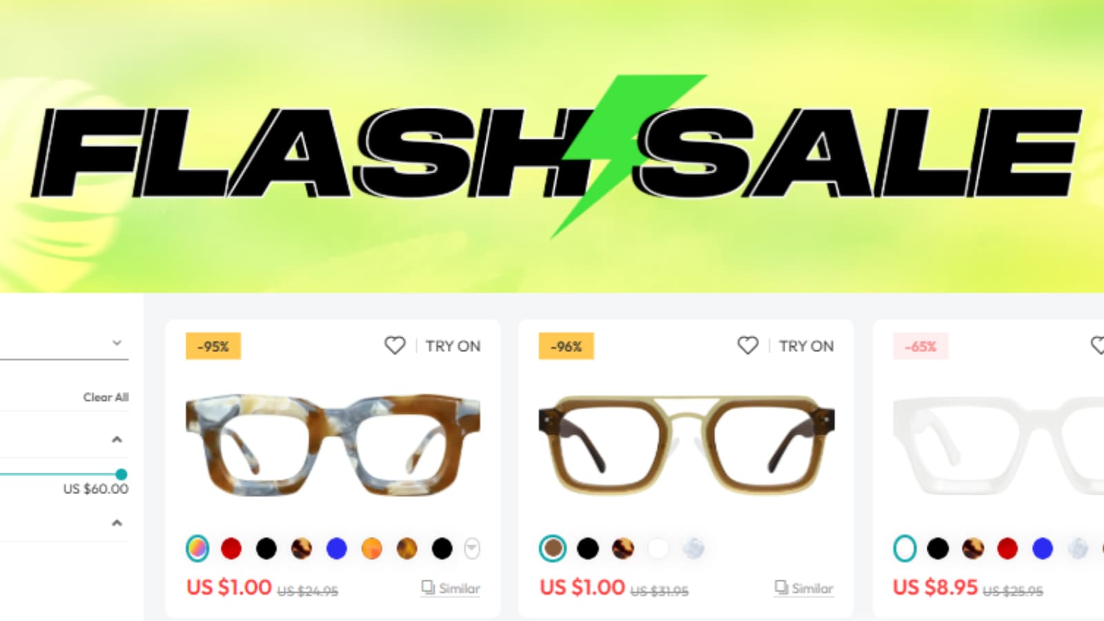 Fytoo Flash Sale glasses deals category screenshot showing up to 96% off and frames from US$1.00
