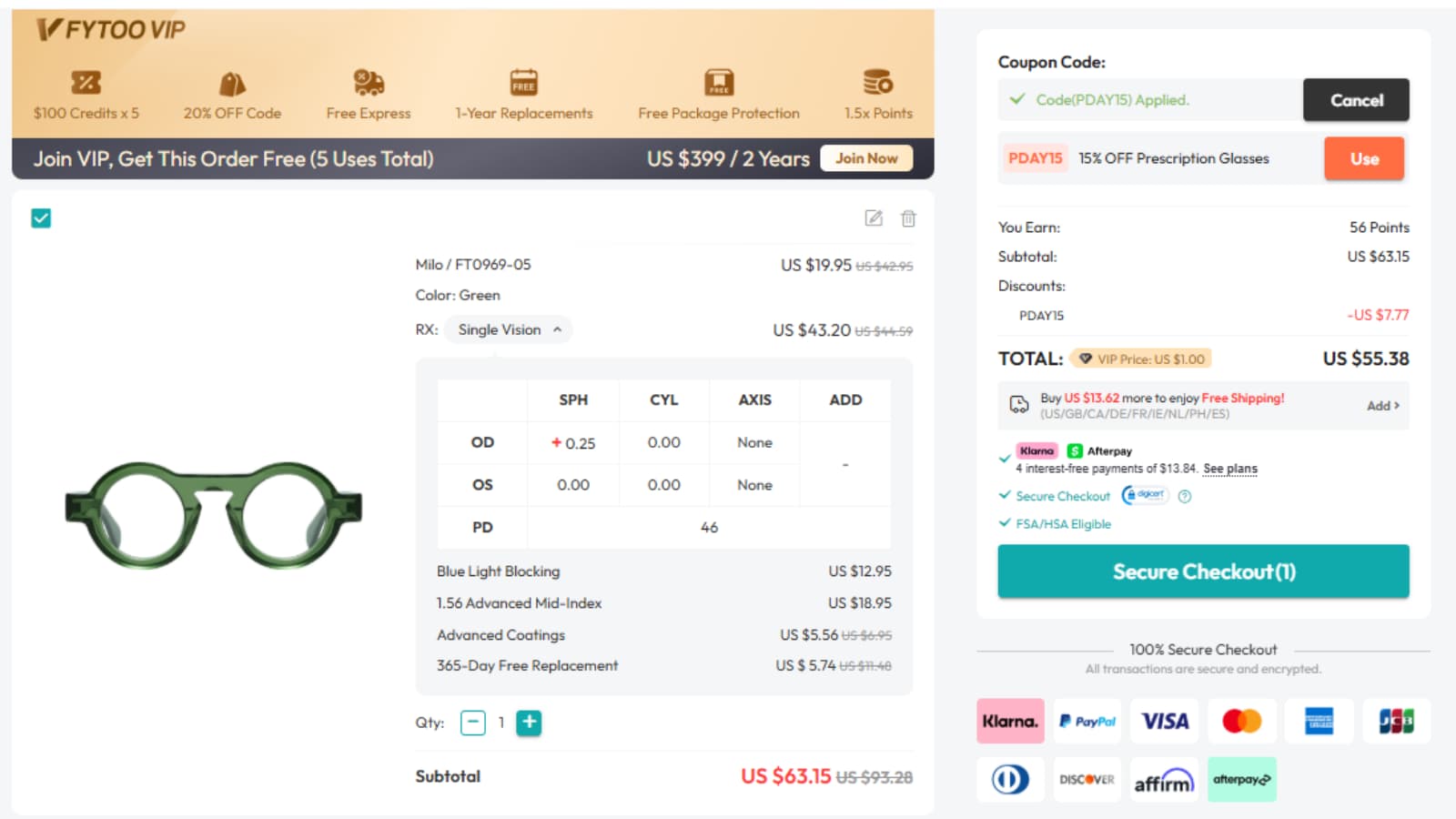 Fytoo PDAY15 coupon code checkout proof showing 15% off eligible prescription glasses