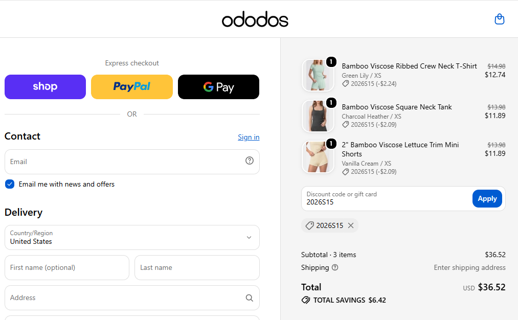 ODODOS coupon code 2026S15 extra 15% off 3 items checkout proof