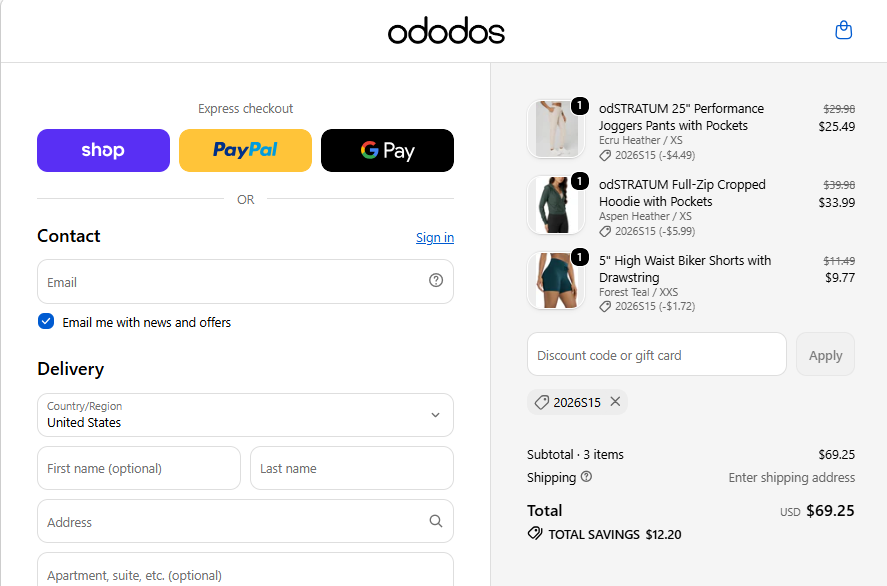 2026S15 checkout proof showing 15 percent off three eligible ODODOS items