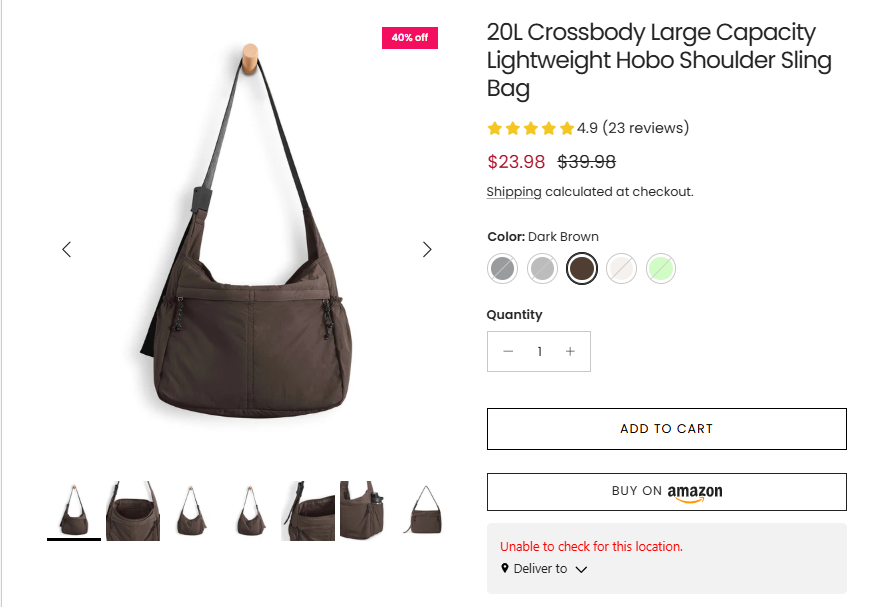 20L Crossbody Hobo Bag showing sale price of 23.98 dollars