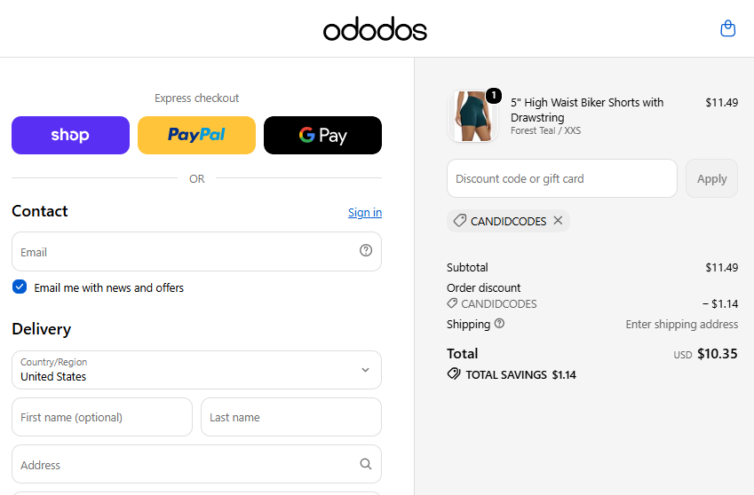 candidcodes checkout proof showing 10 percent off an eligible ODODOS order