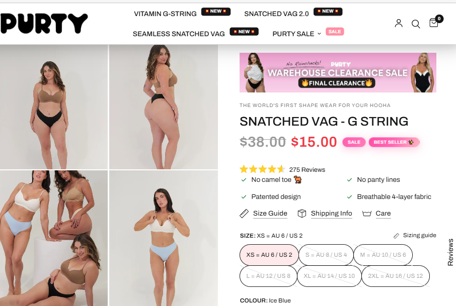 Purty Body Snatched VAG – G String product page showing the price reduced from A$38.00 to A$15.00