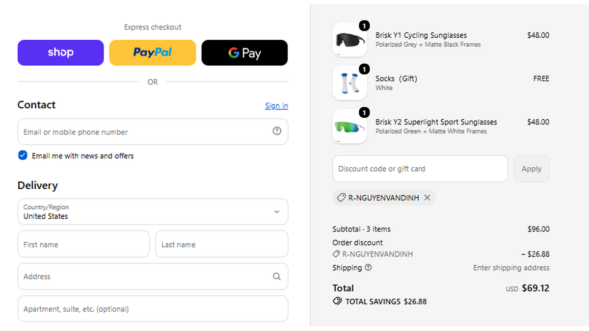 R-NGUYENVANDINH checkout proof showing $26.88 savings on two Revoray sunglasses