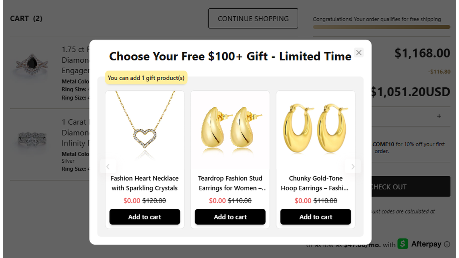 ShyGems free $100 plus gift selection shown in cart