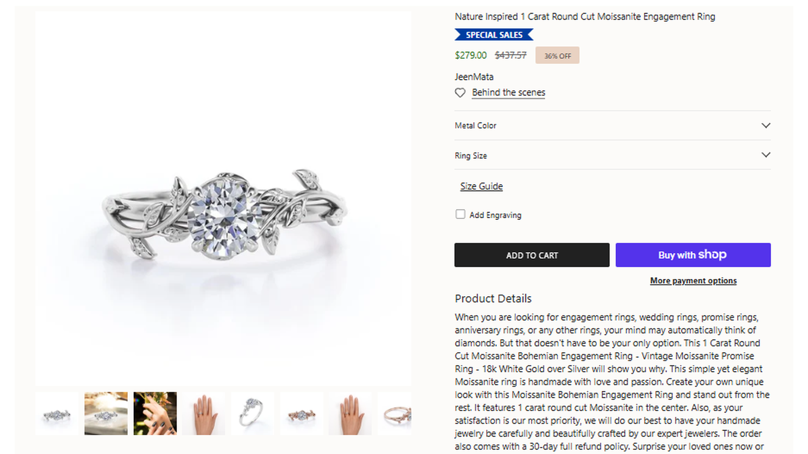 ShyGems Nature Inspired 1 Carat Round Cut Moissanite Engagement Ring sale proof