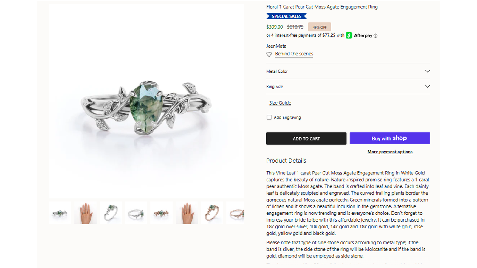 ShyGems Floral 1 Carat Pear Cut Moss Agate Engagement Ring sale proof