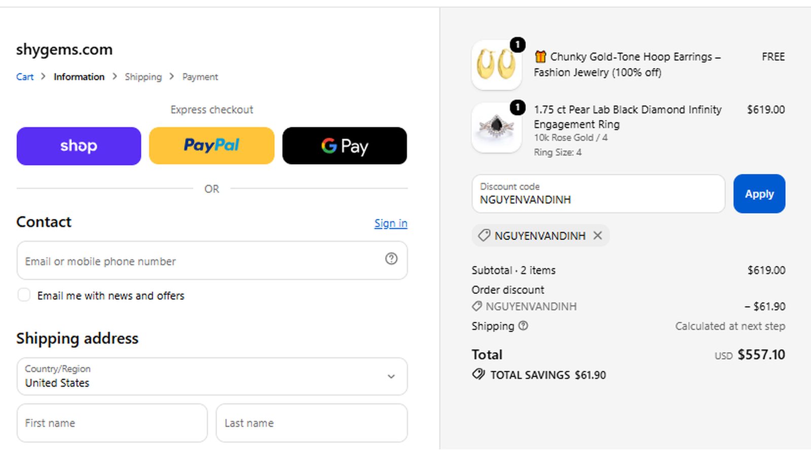 ShyGems NGUYENVANDINH coupon code checkout proof showing 10% off a Black Diamond Infinity Engagement Ring