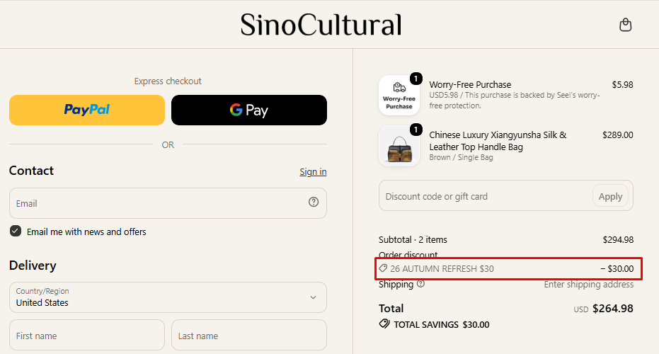 SinoCultural discount 30 dollars off orders over 250 checkout proof