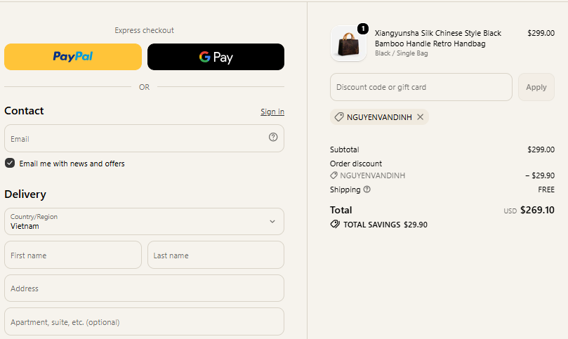 NGUYENVANDINH checkout proof showing 10 percent off a SinoCultural handbag