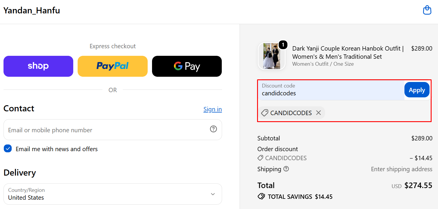 Yandan Hanfu discount code CANDIDCODES extra 5% off checkout proof
